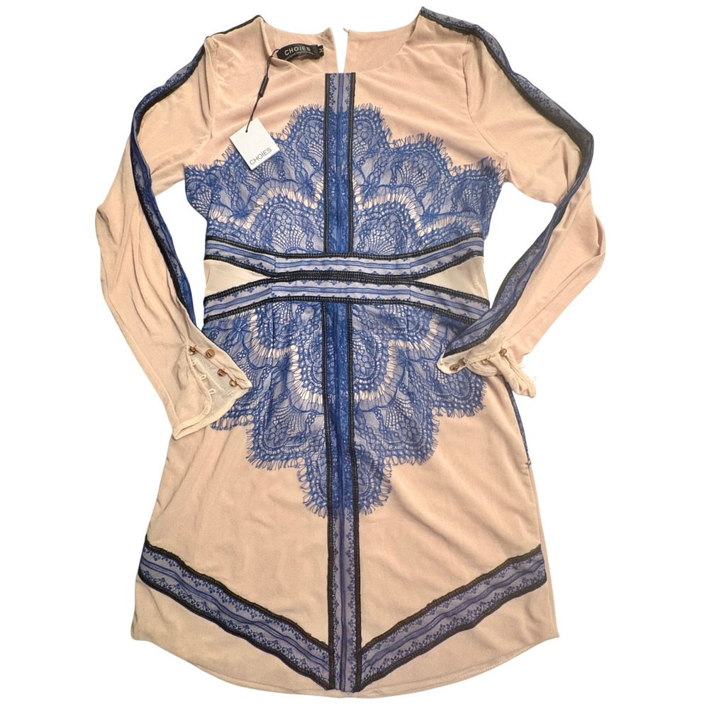 NWT CHOIES Blue Lace Trim Mini Dress w/Sheer Nude‎ Mesh Long Sleeves Size MEDIUM